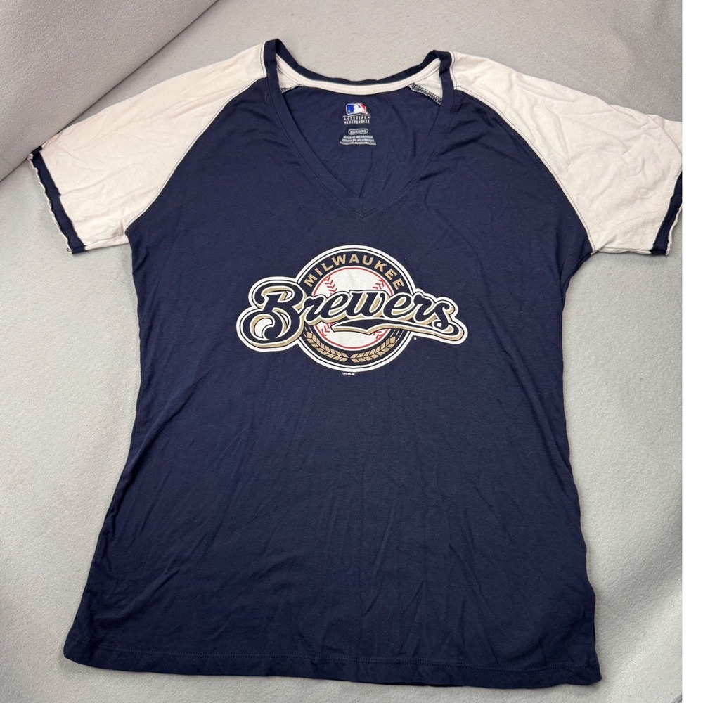 MLB Milwaukee MKE Brewers Game T-Shirt Womens XL Navy Blue Cotton Raglan V-Neck